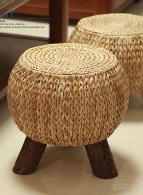 实木小圆凳换鞋凳草柳编榻墩米坐凳LYP坐矮凳榻圆凳芭蕉子叶藤编