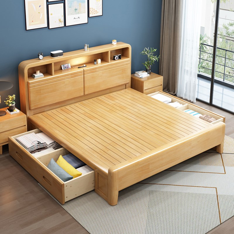 北欧全实木家用小户型1.8米双人主卧储物婚床现代R简约1.5民宿木