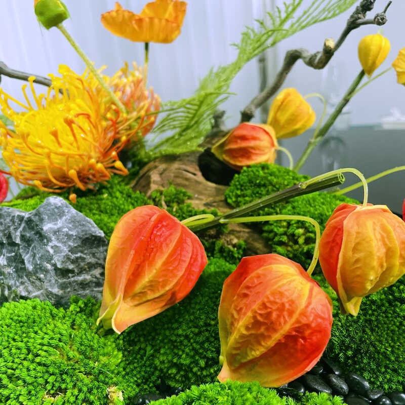 酒店转盘中间摆花大圆餐桌装饰摆件包厢餐桌花苔藓微景观花艺
