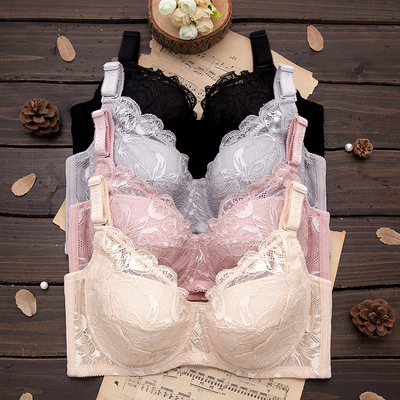 大码胖MM薄款文胸侧收全罩杯带钢圈蕾丝内衣75B-110H上托聚拢四排