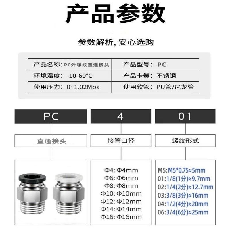 气动接头PC6-01外螺纹直通PC4-M5快插PC8-02气管PC10-03/PC12-04