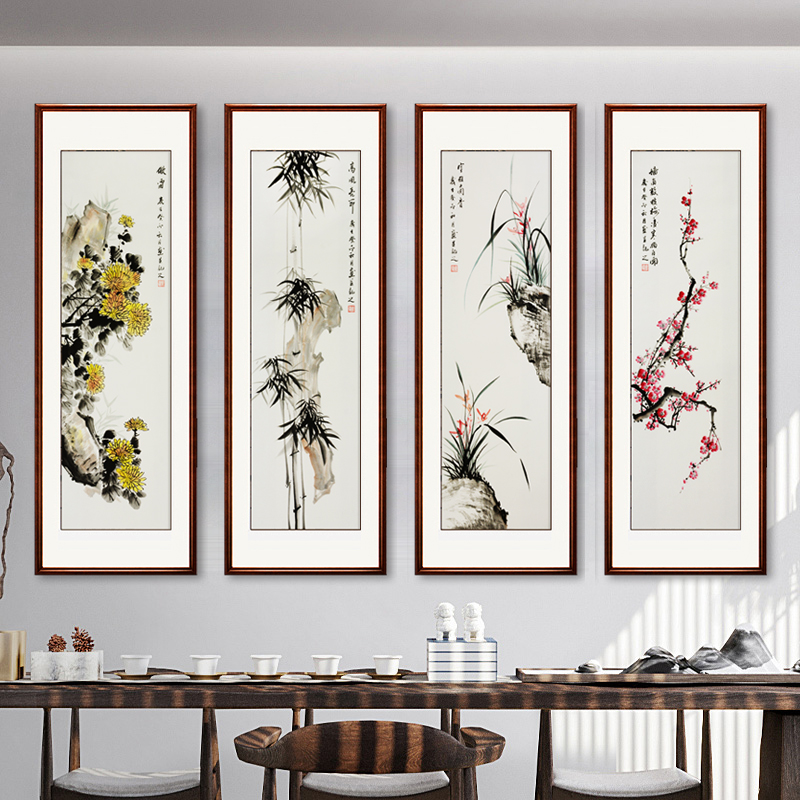 纯手绘梅兰竹菊国画花鸟挂画四条屏新中式客厅沙发背景墙装饰壁画