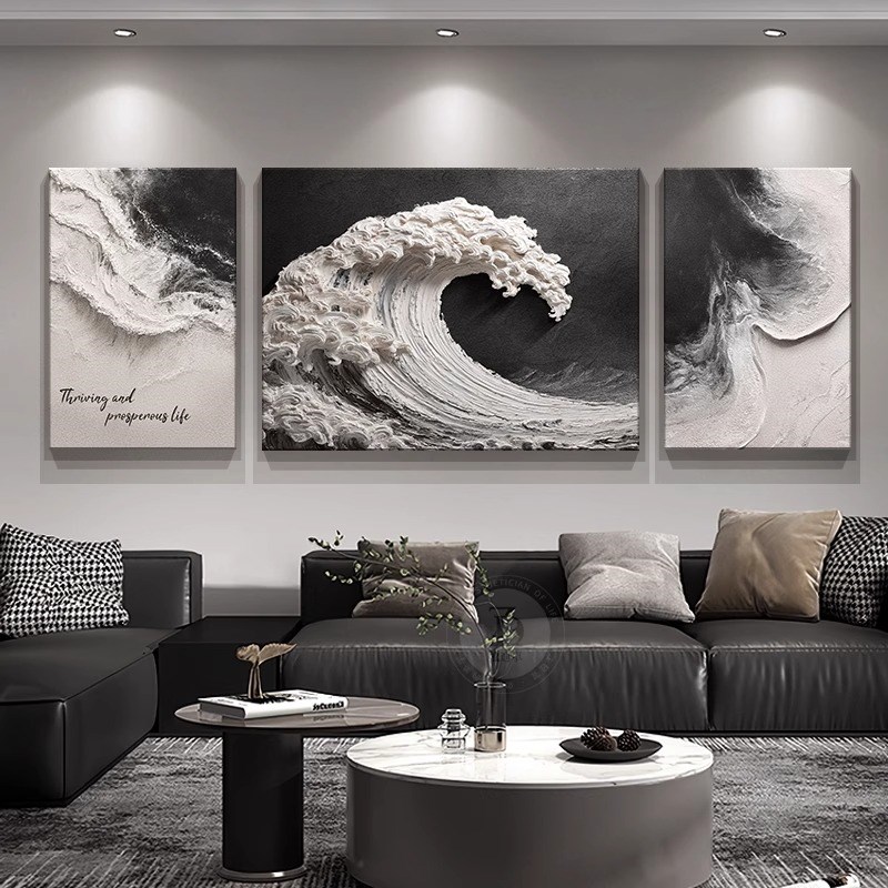 风声水起客厅装饰画浮雕立体感沙发背景墙挂画高级感黑白灰墙壁画图片