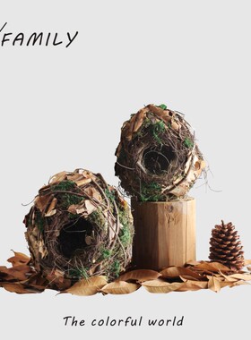 田园森系干草树枝苔藓o圆形鸟屋鸟屋庭院挂饰场景布置摆件草编装