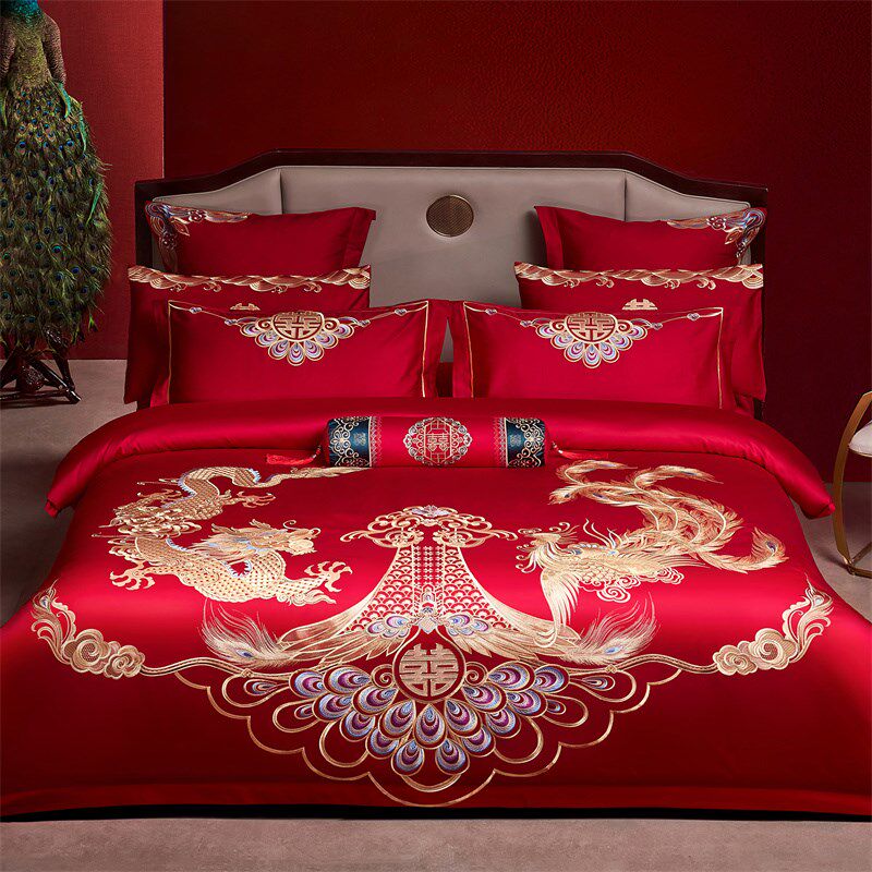 结婚庆四件套全棉喜庆婚房床上用品纯棉大红色床单床盖龙凤被套新