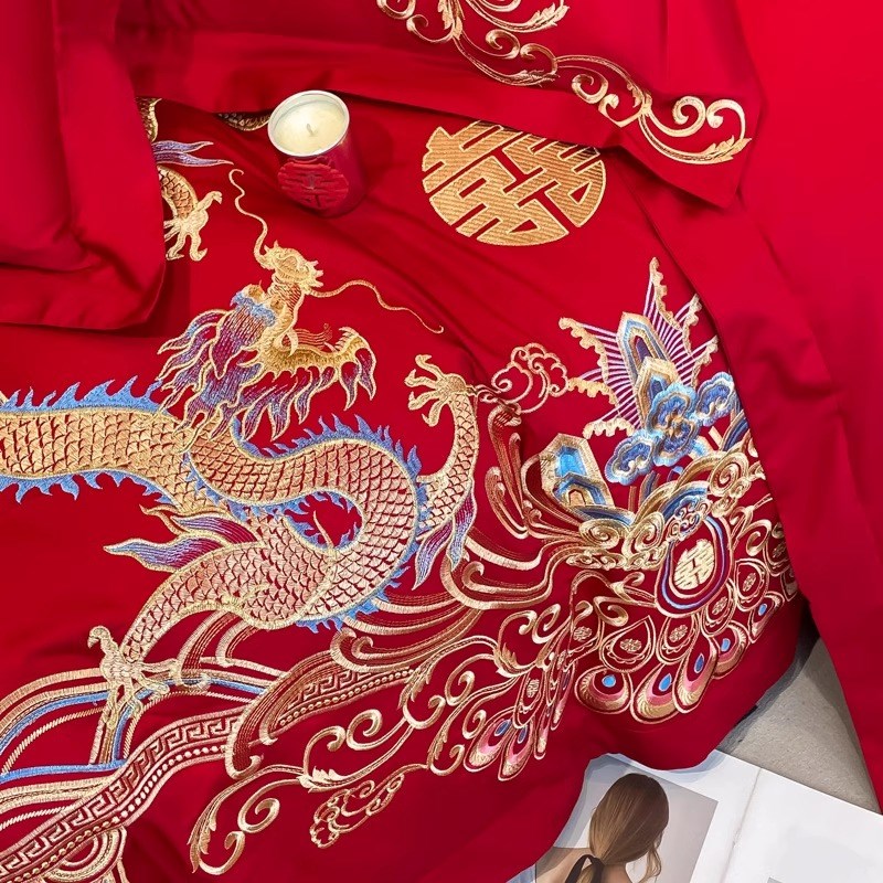 中式龙凤刺绣结婚四件套红色床单被套新婚庆床上用品婚房喜被