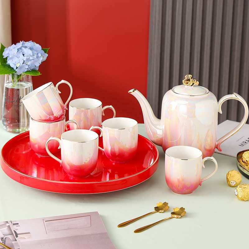 北欧轻奢梦幻琉璃陶瓷水具套装色釉金边咖啡杯下午茶茶具带托盘