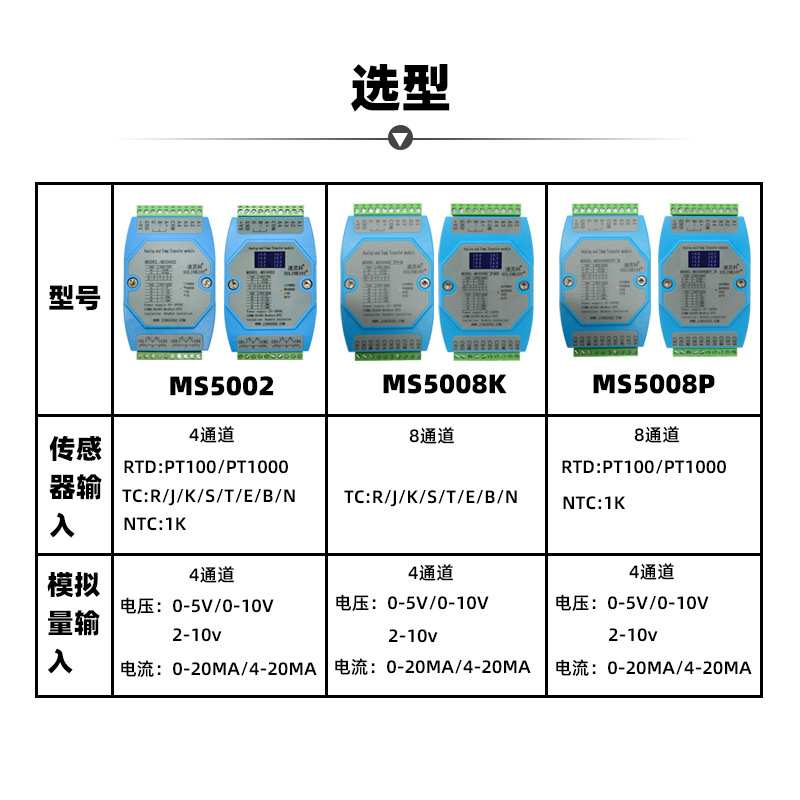 K热电偶PT100热电阻4~20MA 10~0V混合温度采集模块RS485 MS5002