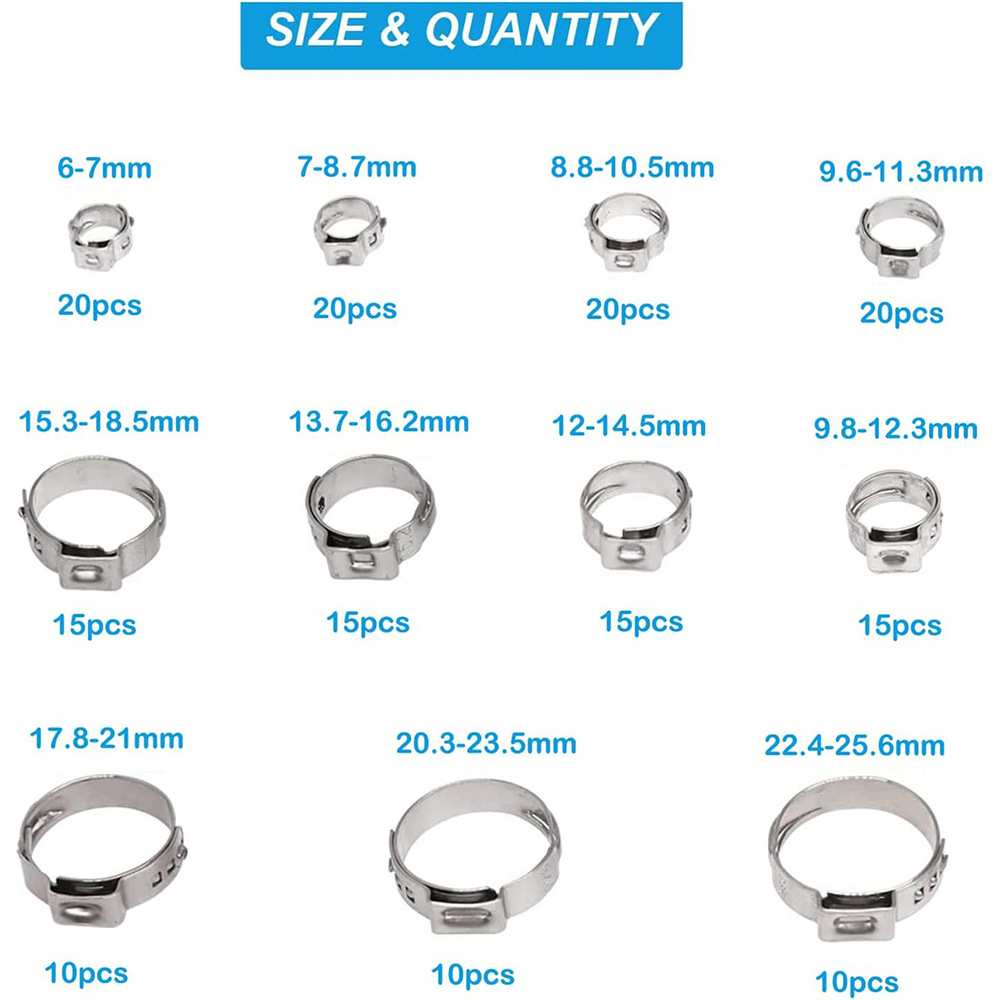 跨境  170PCS盒装 11种尺寸 304不锈钢单耳无级卡箍喉箍软管夹