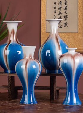 新中式青花瓷花瓶陶瓷仿古蓝色插花客厅复古玄关餐桌花器冰裂釉