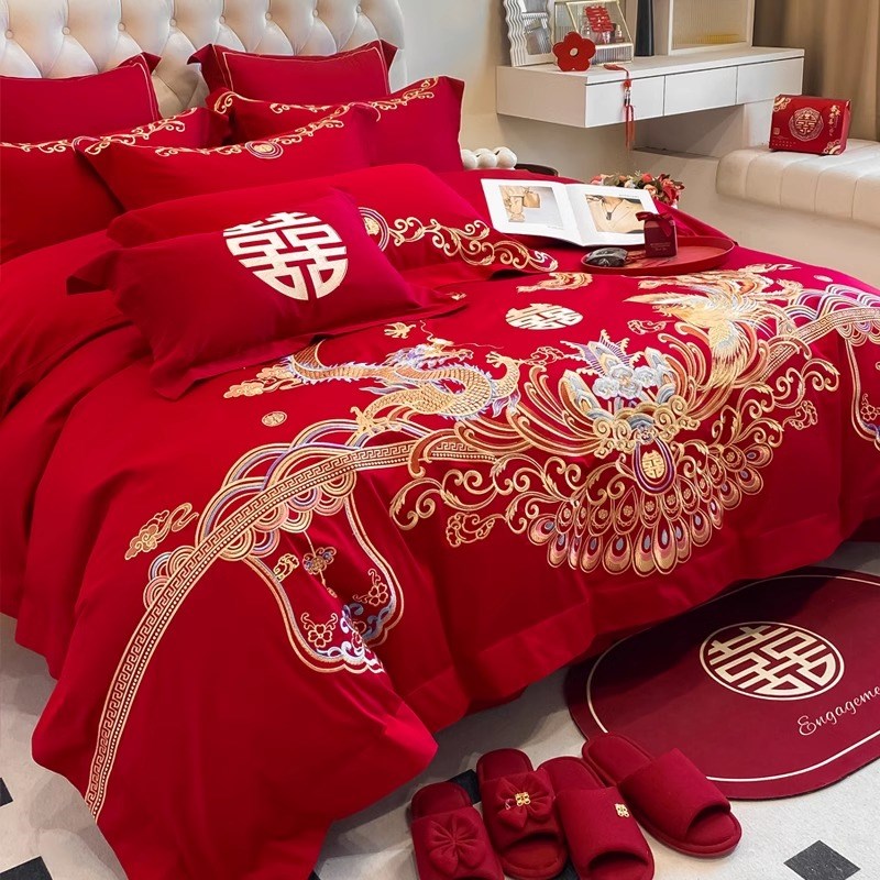 中式龙凤刺绣结婚四件套红色床单被套纯棉新婚庆床上用品婚房喜被