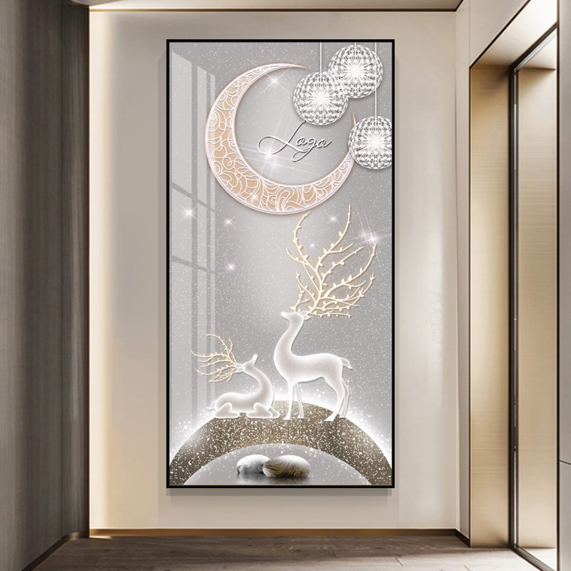 入户玄关装饰画走廊过道墙壁画竖版现代简约玄幻晶瓷挂画月照灵鹿图片