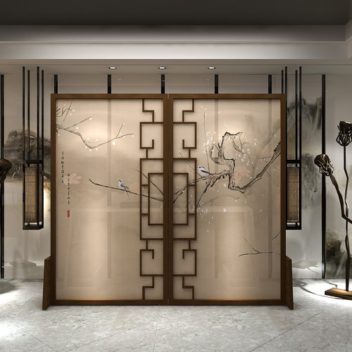 新款中式实木镂空屏风隔断酒店餐厅背F景墙座屏玄关客厅半透布屏