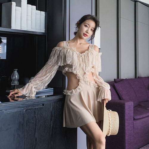 泳衣女仙女范蕾丝显m瘦遮肚小胸保守长袖泡温泉度假裙式es游泳衣