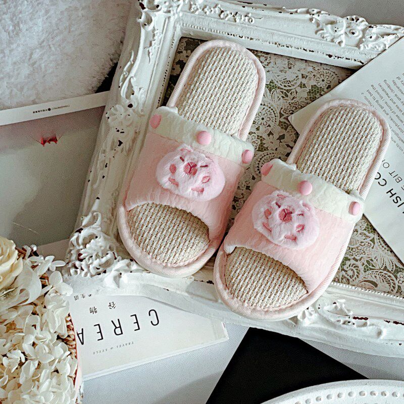 日系软萌可爱卡通亚麻拖鞋女春秋四季居家鞋室内防滑露趾夏天家用