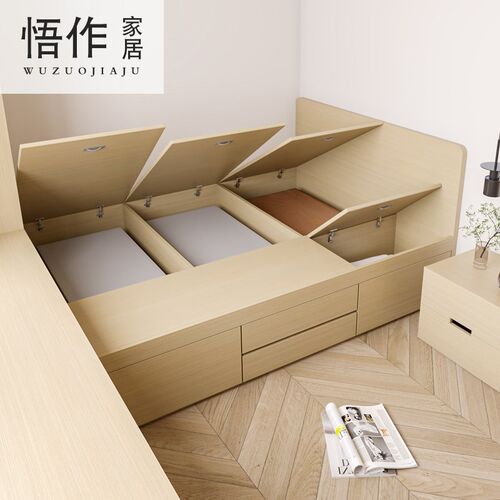 现代简约排骨架高箱榻榻米储物床小房间省空间P板式储物双人床定