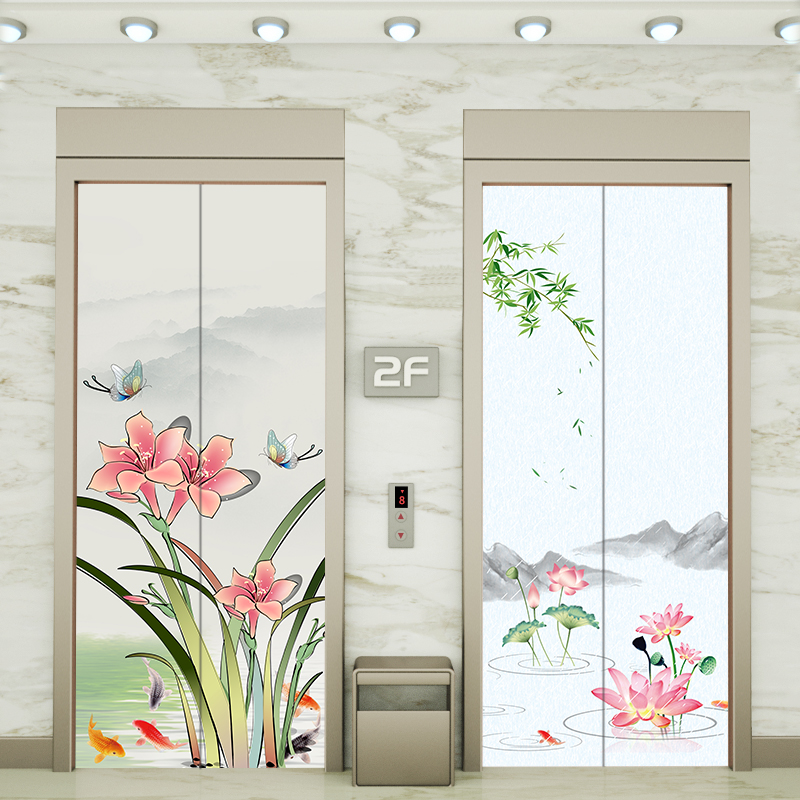中式电梯门贴纸门贴装饰画贴画入户电梯门翻新防水贴纸定制玄关画图片