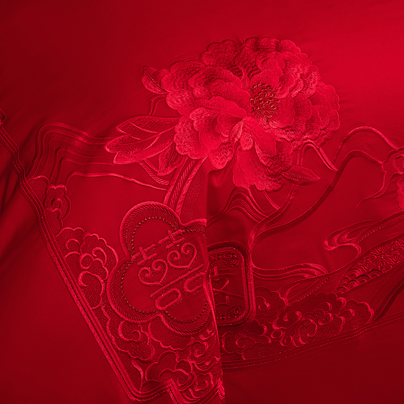 结婚庆牀上四件套全棉大红色纯棉刺绣被罩牀单式婚房喜庆4件牀品