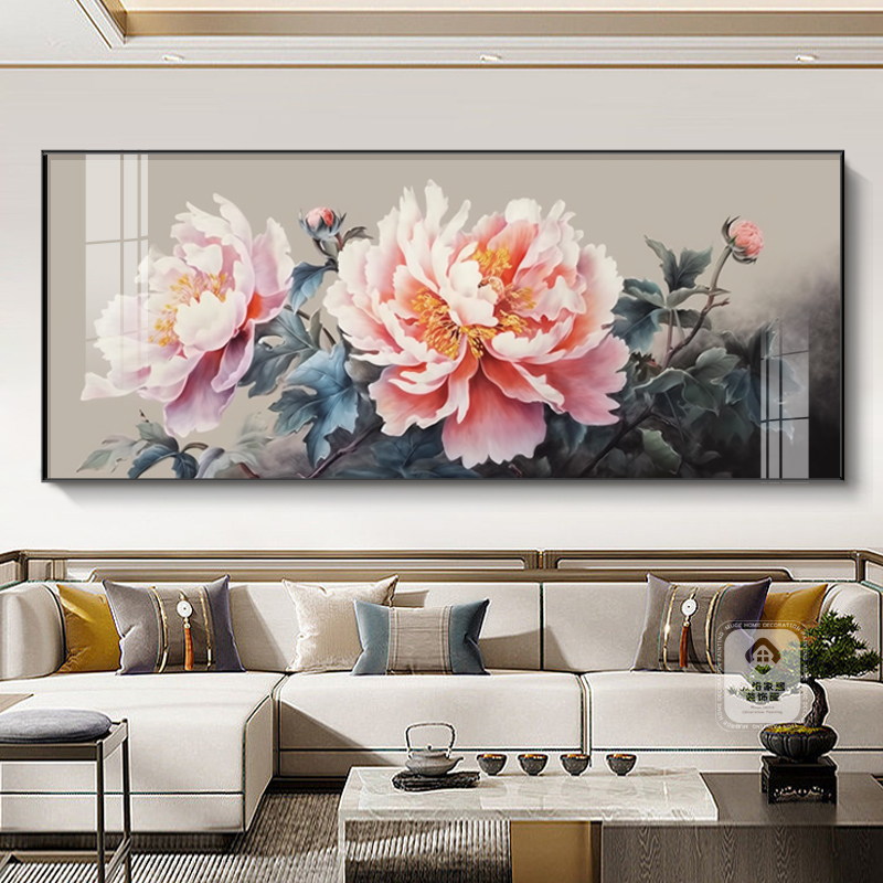 花开富贵装饰画客厅沙发背景墙挂画新中式牡丹花大幅横版晶瓷壁画图片