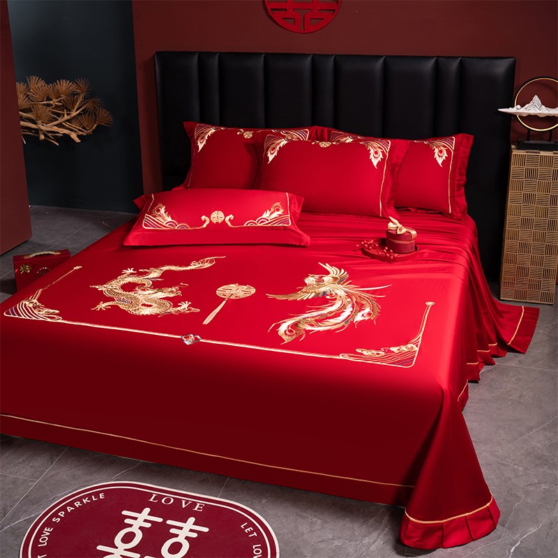 婚庆结婚大红色女方床单单件酒店被单枕套三件套刺绣接亲出嫁