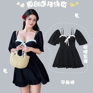 纯欲风黑色泳衣i女裙式 胖mm遮肚显瘦度假泳 连体钢托大胸聚拢大码