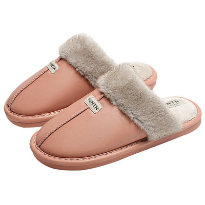 秋冬季时尚毛口高级感防水皮棉拖鞋女厚底保暖防滑情侣家用居家男