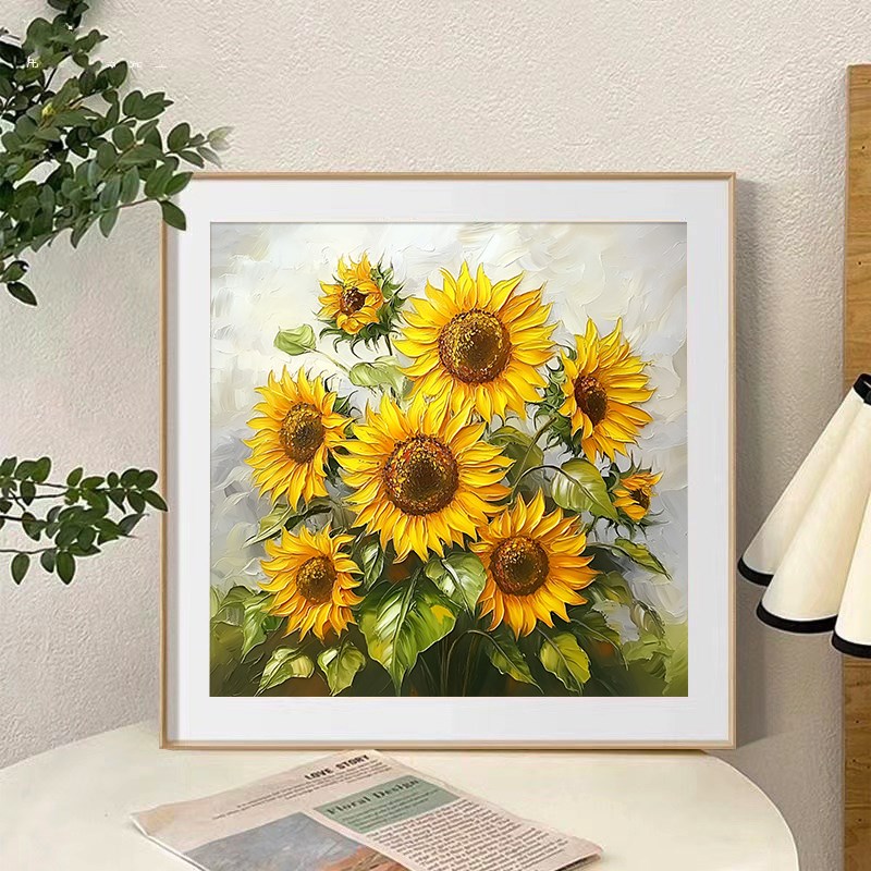 北欧向日葵客厅装饰画正方形x肌理感餐厅挂画植物花卉艺术玄关油