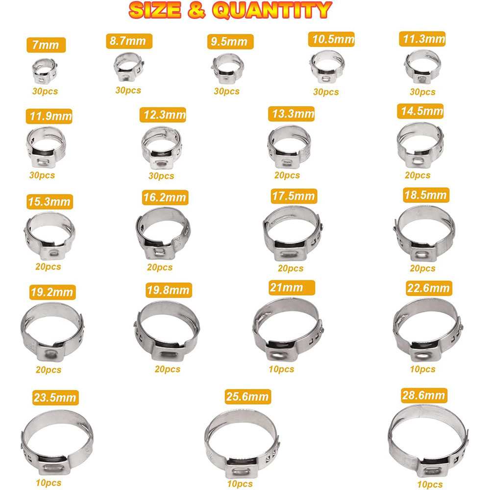跨境  420PCS 盒装 20种尺寸304不锈钢单耳卡箍喉箍软管夹套件