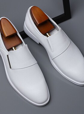 影楼拍照白色f皮鞋新郎婚鞋内增高6CM全白男鞋司仪主持团队演出鞋