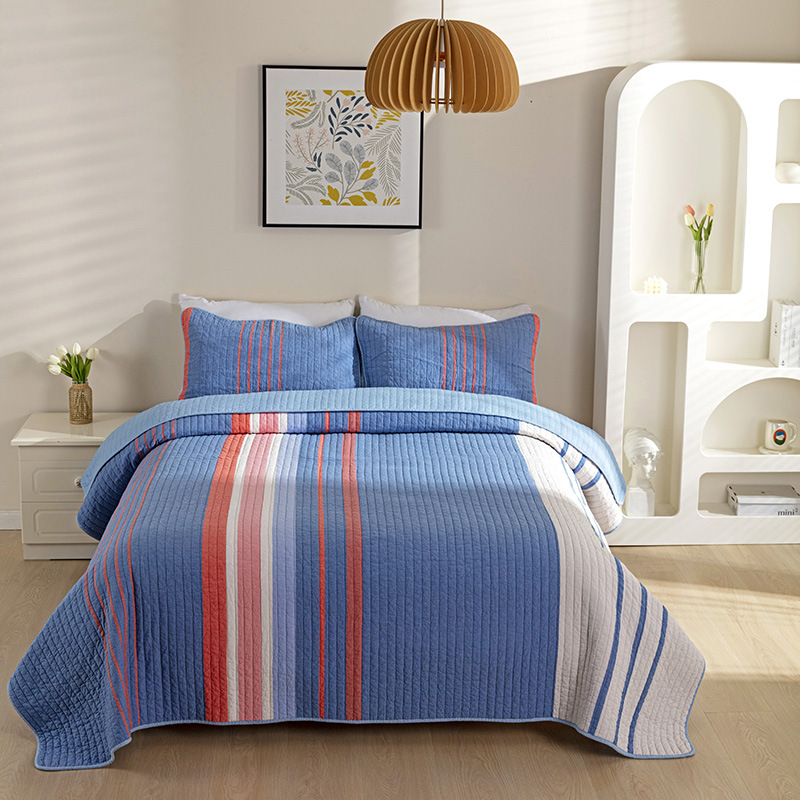 简约条纹色织棉全棉绗缝床盖三件套衍缝被防滑床单空调被夏被