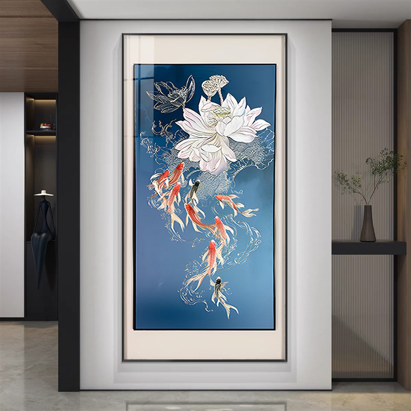 九鱼图入户玄关装饰画正对门餐厅墙面装饰壁画新中式走廊过道挂画图片