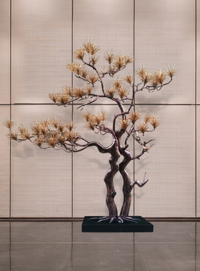 大型铁艺迎客松摆件酒店大厅样板房玄关过道桌面装饰金属松树雕塑