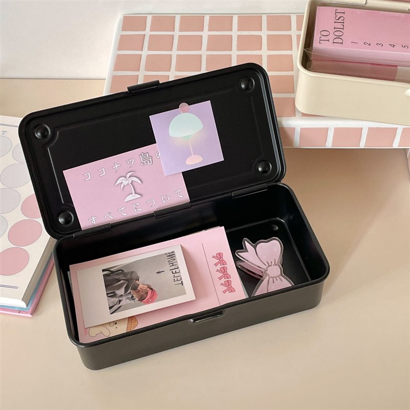 少女玩心ins日式奶白磨砂黑桌面收纳铁盒手账贴纸便签文具整理盒