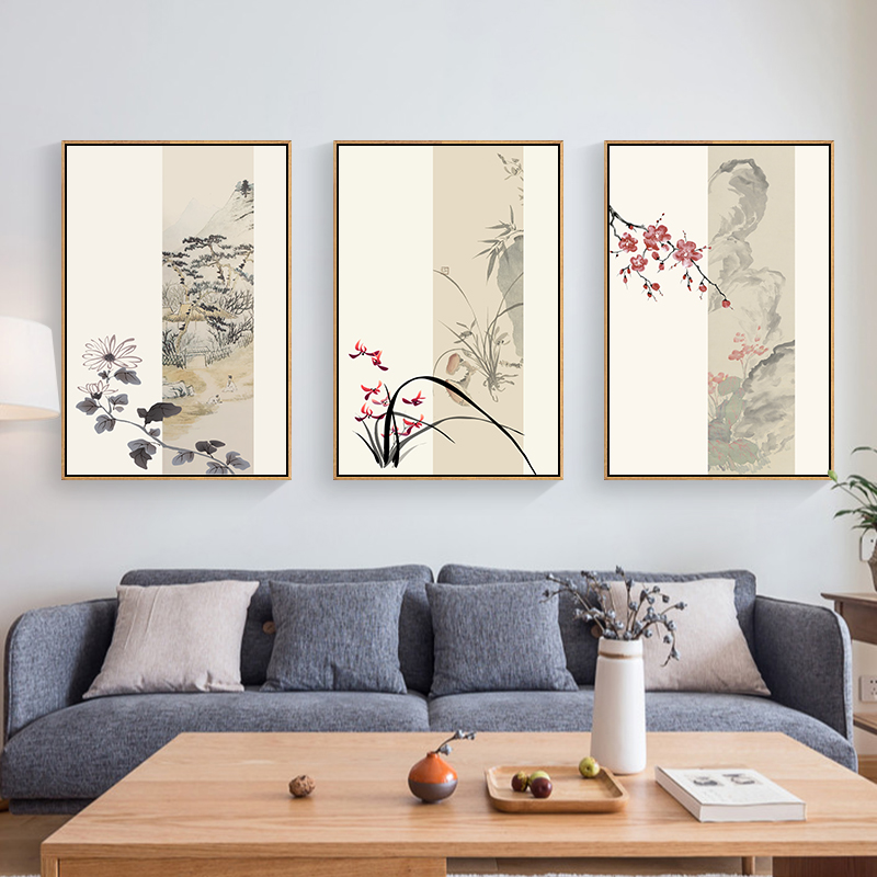 梅兰竹菊挂画新中式茶室装饰画客厅沙发背景墙挂画迎客松书房壁画