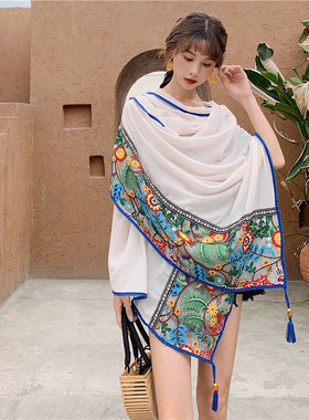 白色围巾夏薄款民族风茶卡盐湖长款披肩丝巾三亚云南丽江青海拍照