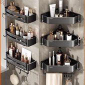 卡贝免打孔浴室置物架淋浴房卫生间黑色三角篮厕所转角壁挂收纳架