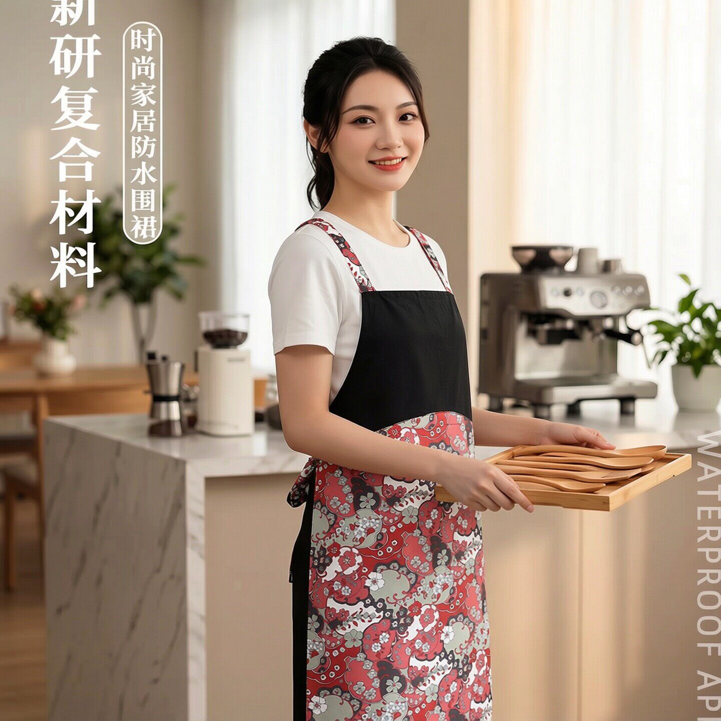 短款大口袋红花围裙后背带大口袋围腰定制logo印字餐饮上班工作服