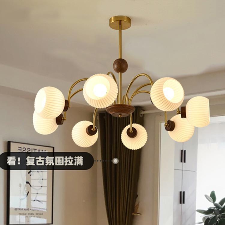 法式中古客美厅油吊534灯胡桃色主灯创意式复古木奶风餐厅灯卧室