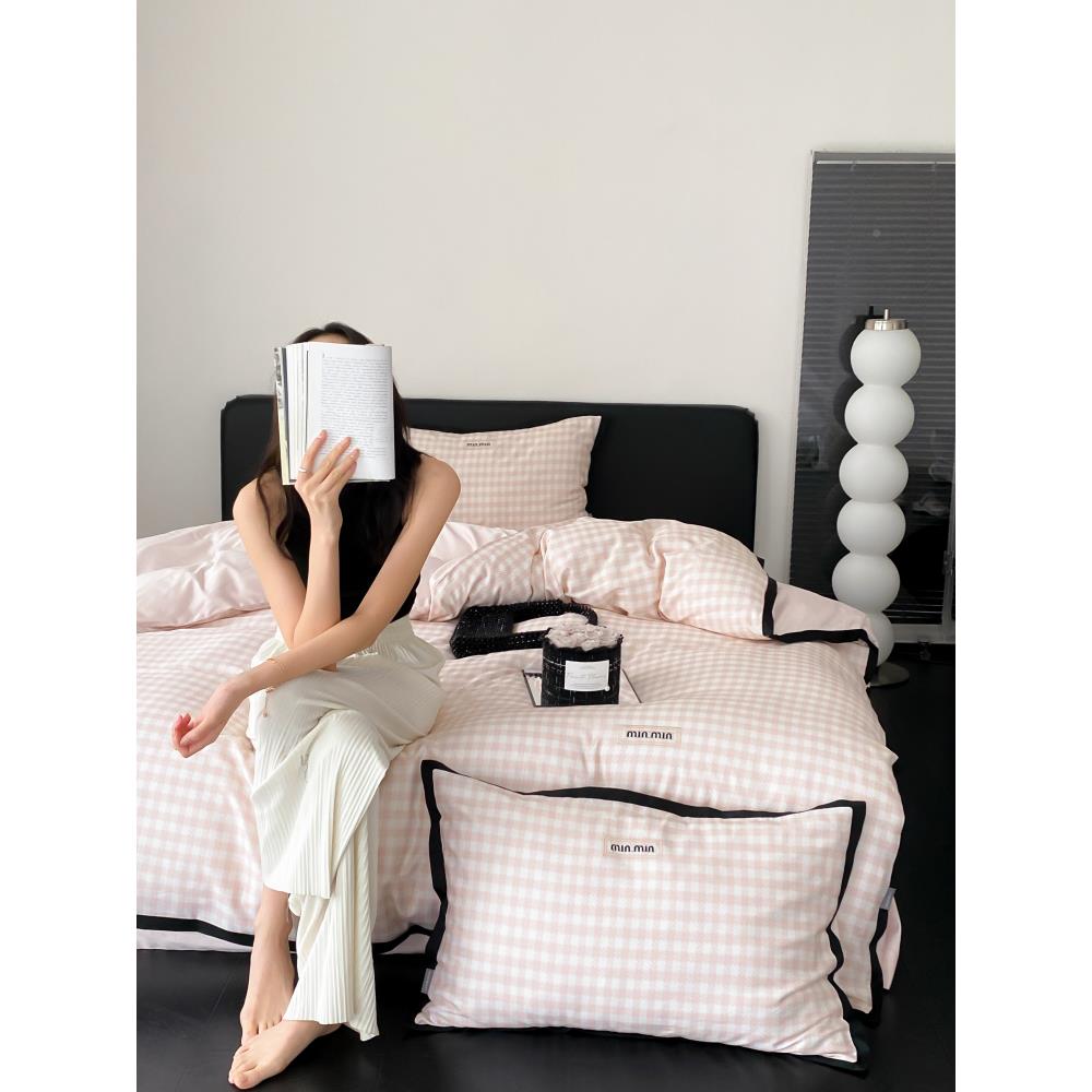 ?季5C1GWI少女心秋冬保暖60支天8丝棉8磨毛四件套格子加厚被套1.m