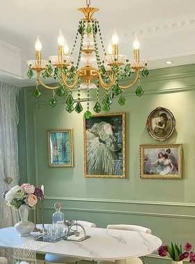 法式客厅水晶吊灯轻奢卧室餐厅铜墨绿色欧式复古田园全铜蜡烛灯具