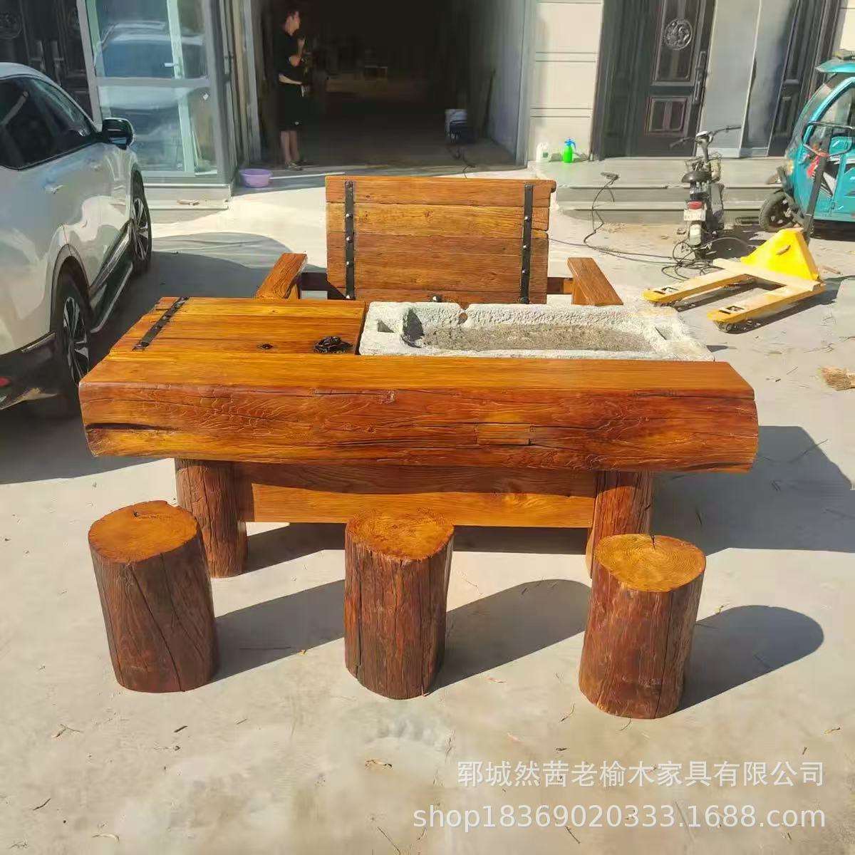 新中式老榆木茶桌办公室装饰自然纹理老门板喝茶桌待客茶台民谣桌