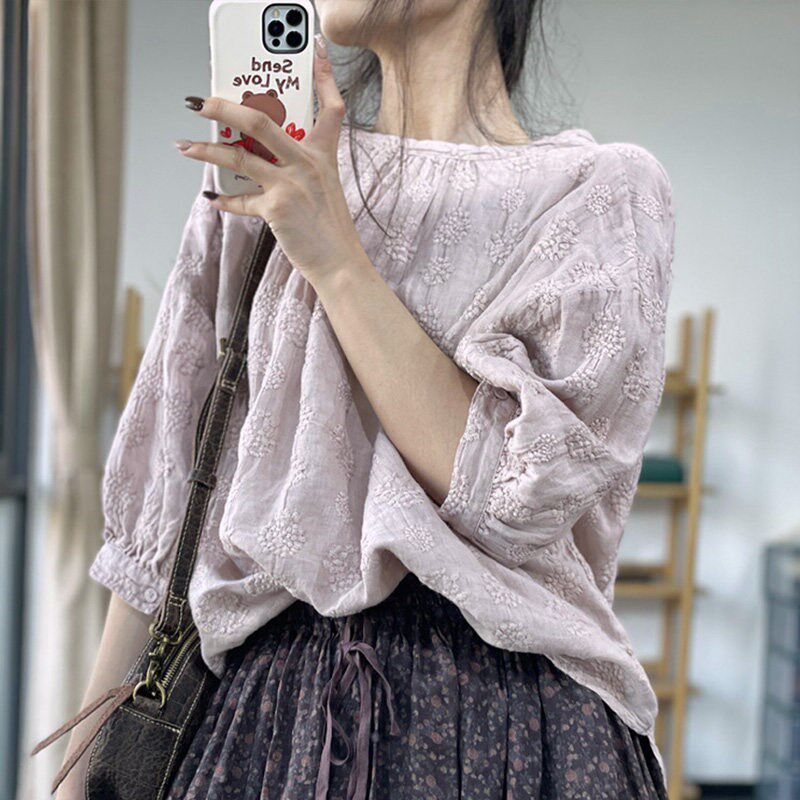 古与色夏季日系减龄五分袖宽松百搭开衫衬衣绣花高品质麻料衬衫女