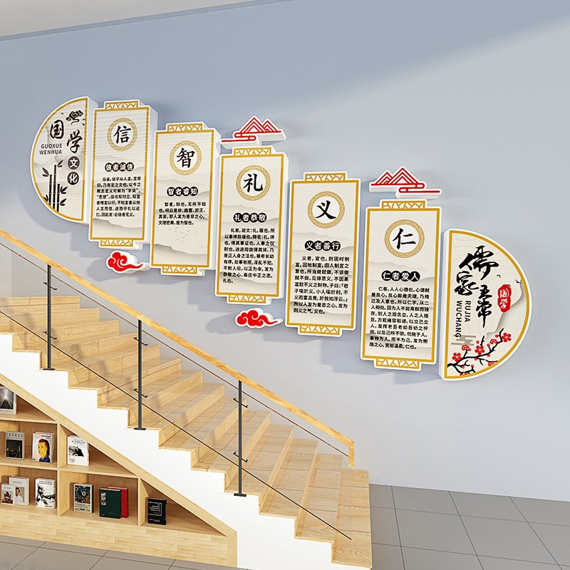 中小学教室儒家五常文化背景墙布置学校楼梯装饰自粘艺术立体墙贴