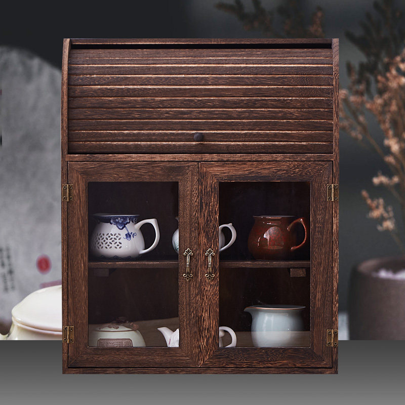桌上实木茶壶茶具置物柜防尘收纳柜茶柜厨房台面收纳柜子迷你碗柜
