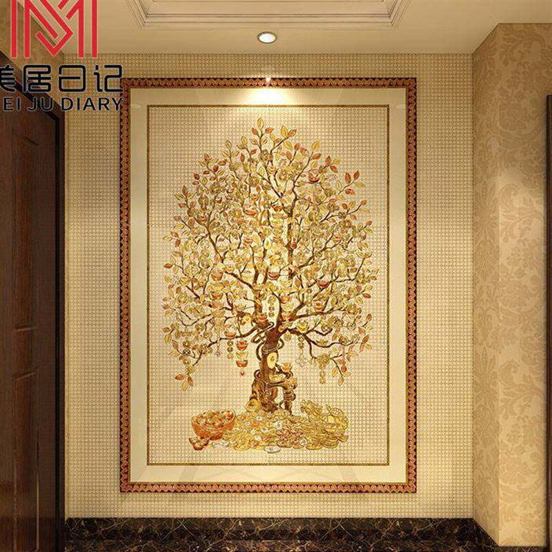 入户过道摇钱树发财板金钱树微晶石玄关瓷砖大理石彩雕背景墙欧.1