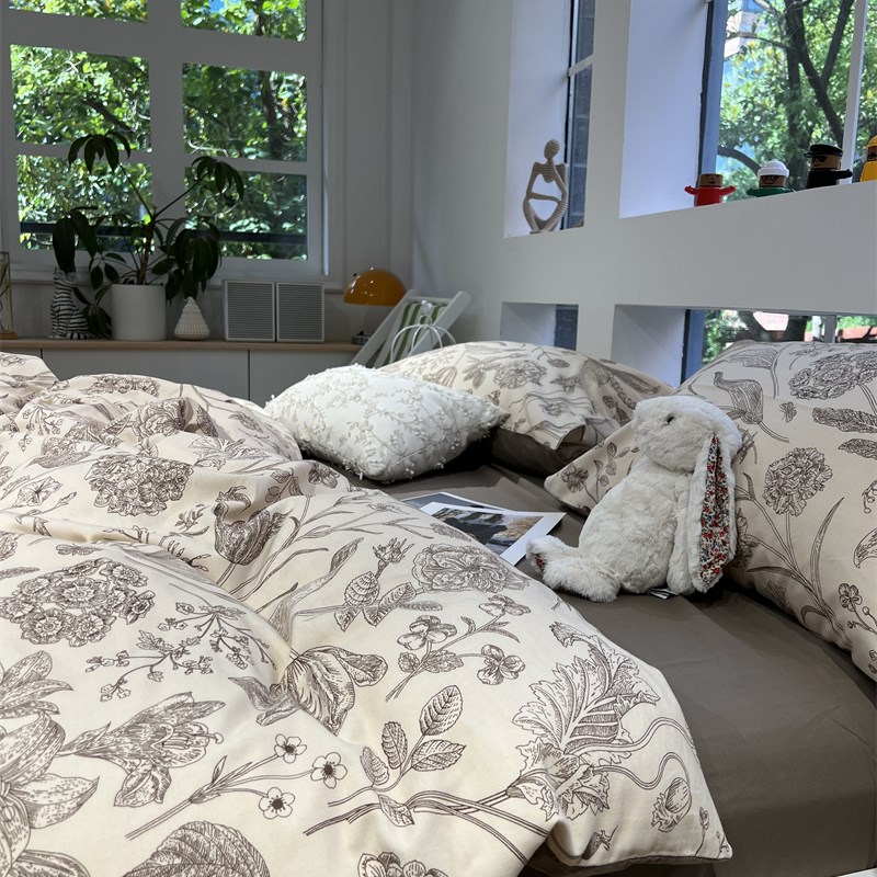 ins美式灰色小碎花加厚磨毛四件套全棉纯棉文艺1.5m1.8米被套床单