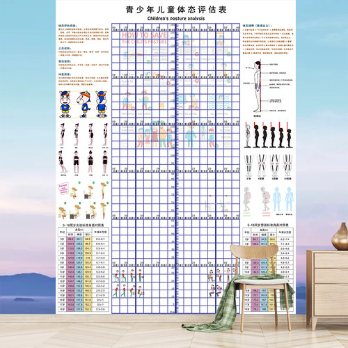儿童身高体态评估表站姿体测网格壁画背景墙纸中小幼儿形体评估图