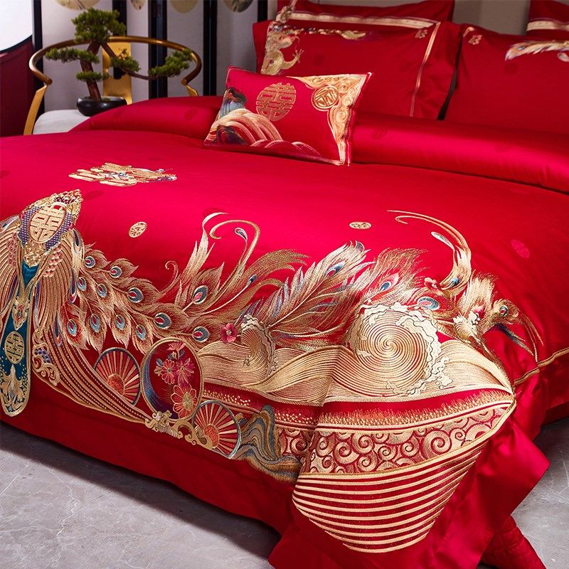 中式婚庆床品四件套纯棉大红色龙凤刺绣100S长绒棉结婚被套床单盖