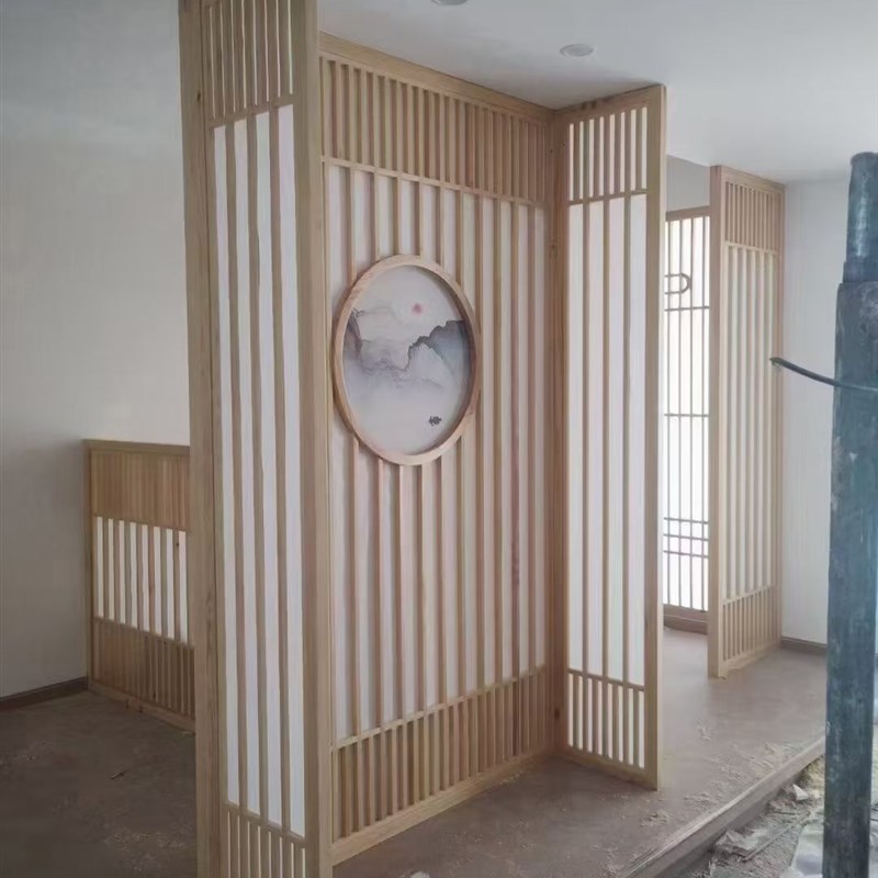 厅装饰入户玄关雕花木质新中式实木屏风隔断墙客镂空栅栏酒店定制