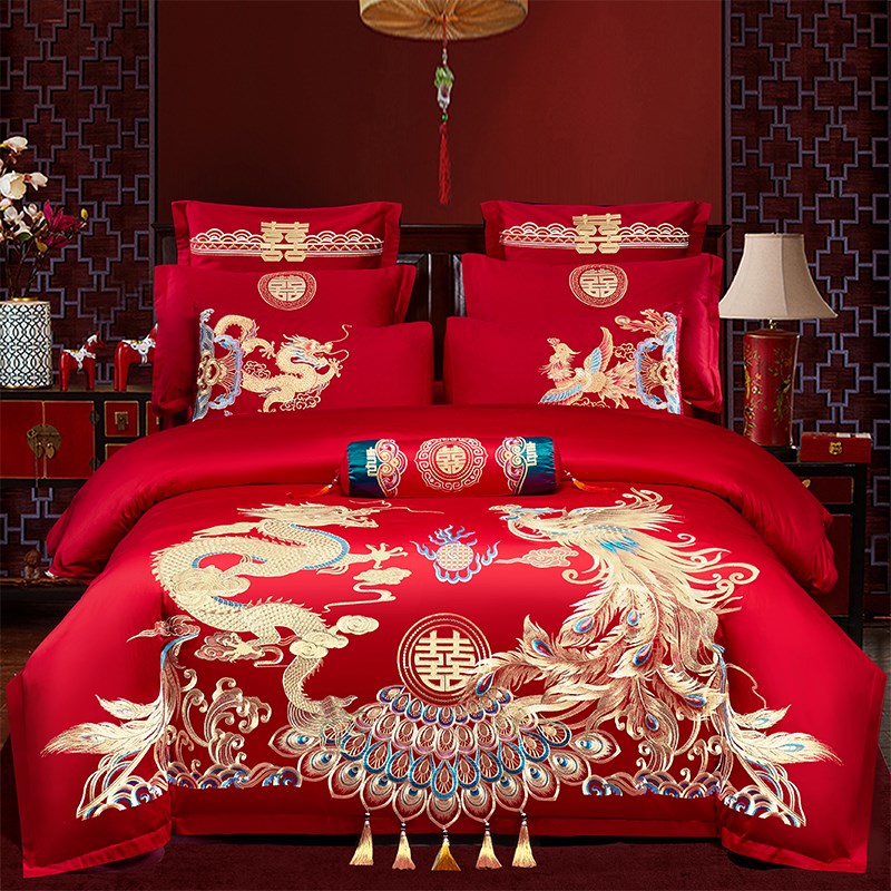 140支加厚全棉婚庆四件套大红刺绣龙凤新结婚房喜被纯棉床上用品